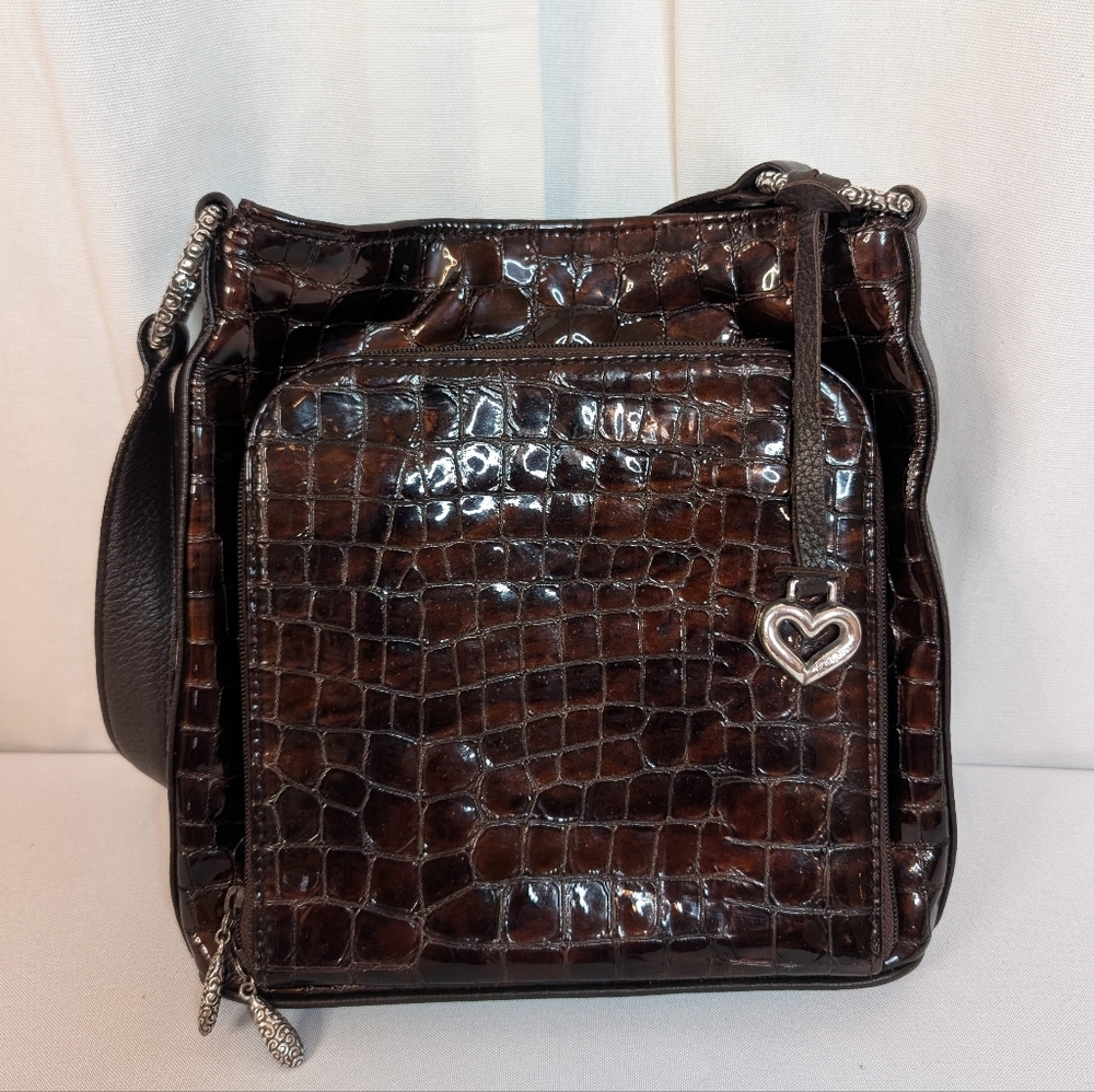 Brighton Sonny Lil Cher Croc-Embossed Patent Leather Bronze Brown Shoulder Bag - Picture 15 of 15